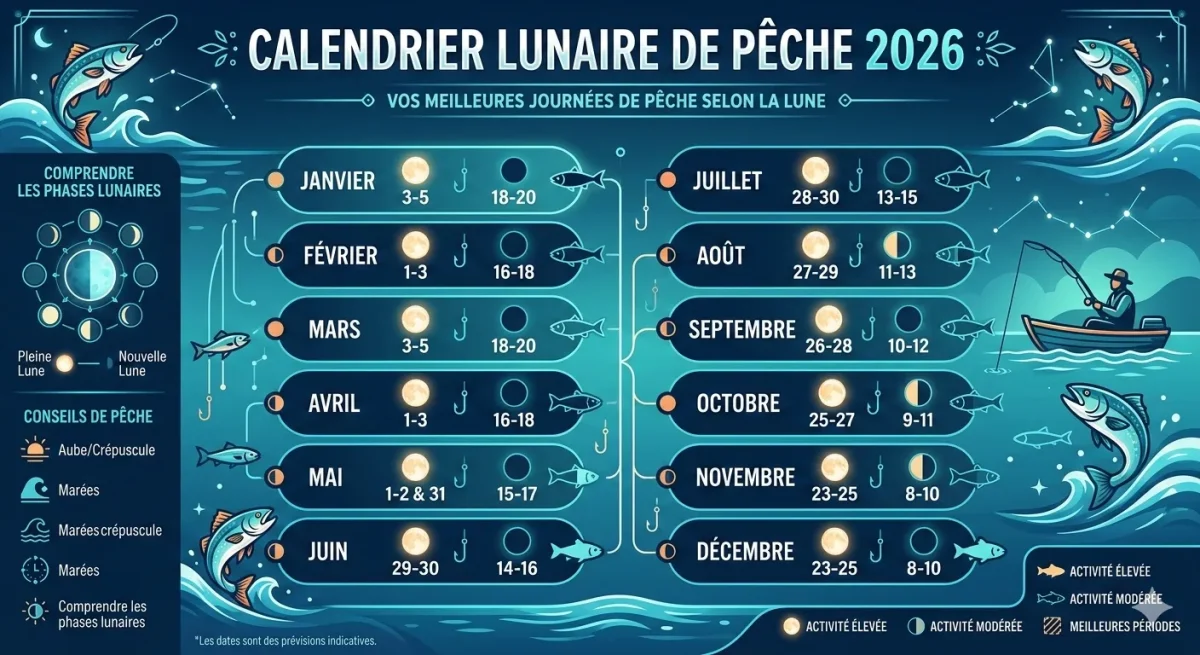 Découvrez le calendrier de pêche lunaire 2026 complet pour optimiser vos sorties de pêche en fonction des phases de la lune et maximiser vos prises tout au long de l'année.