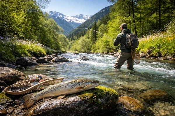 pêcheur à la truite en rivière