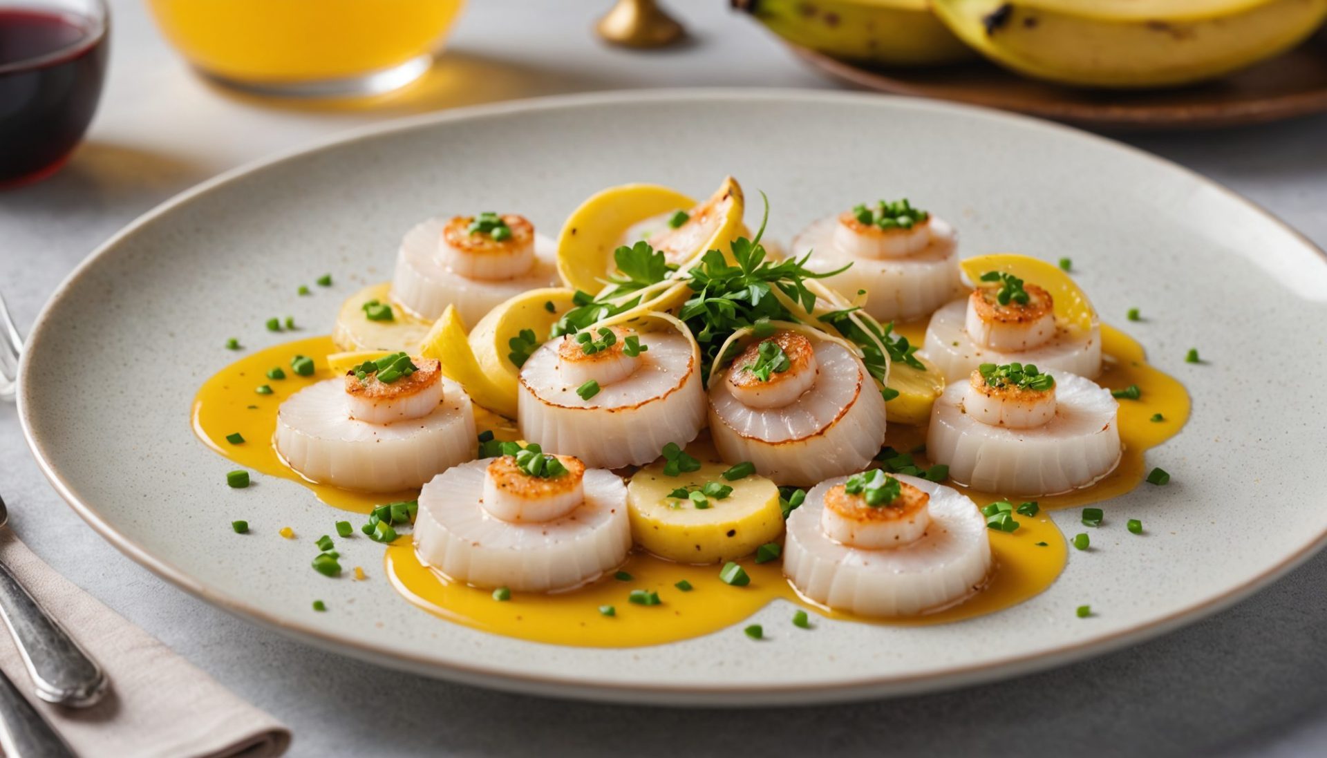 découvrez un carpaccio de coquilles saint-jacques exquis, rehaussé par la douceur rafraîchissante de la banane et le parfum éclatant du yuzu pour une expérience culinaire inoubliable.