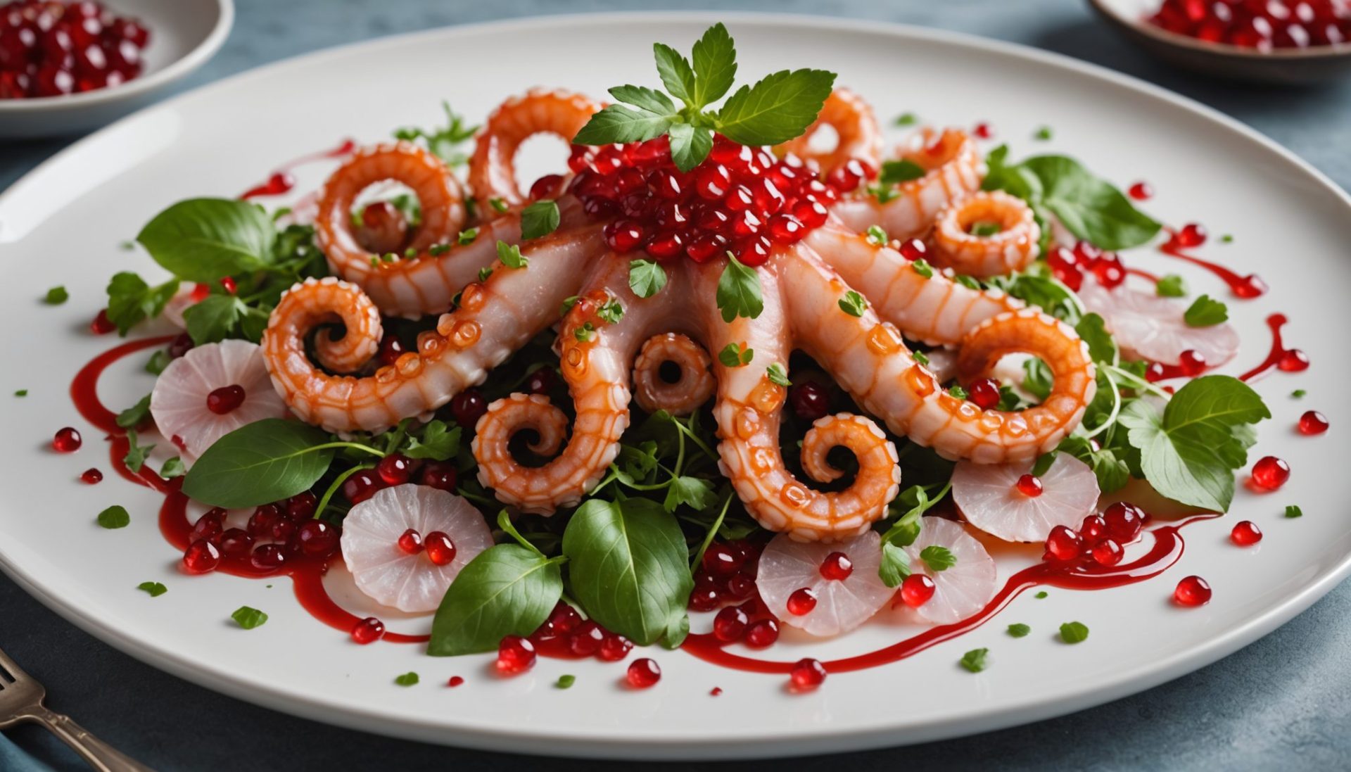 découvrez notre carpaccio de poulpe frais, délicatement parfumé à la grenade, harissa, citron et coriandre pour une explosion de saveurs marines et épicées.