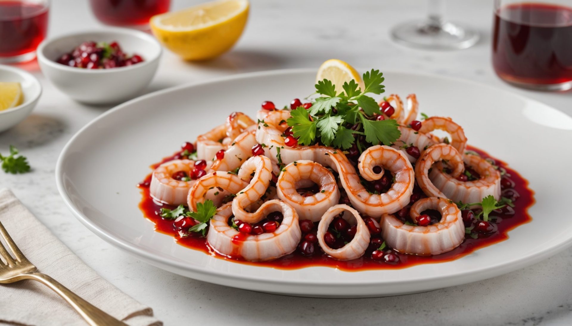 découvrez notre carpaccio de poulpe délicatement parfumé à la grenade, relevé d'harissa, citron et coriandre pour une explosion de saveurs marines et exotiques.