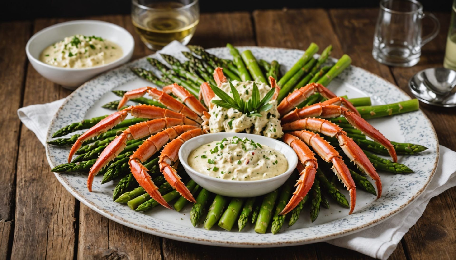savourez notre délice marin avec une rémoulade d'araignée de mer fraîche, accompagnée d'asperges vertes croquantes pour une expérience gustative raffinée et équilibrée.