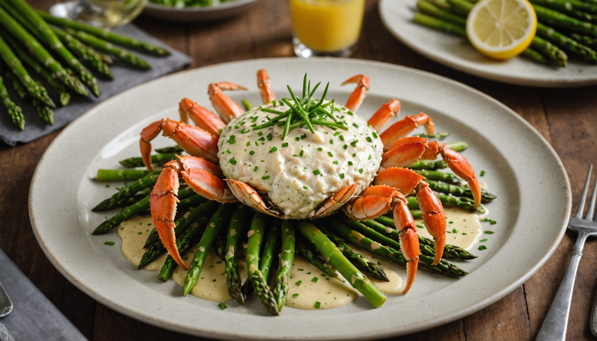 savourez notre délice marin : une rémoulade d'araignée fraîchement préparée, servie avec des asperges vertes croquantes pour une expérience gustative raffinée et équilibrée.