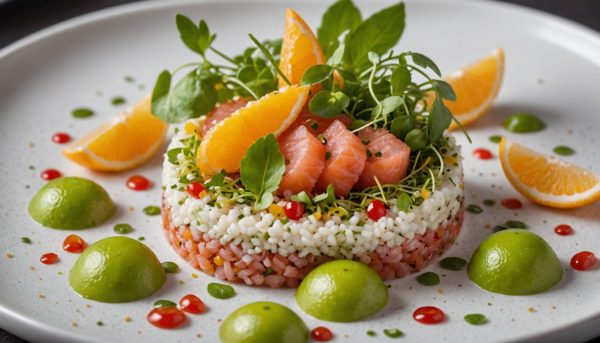 découvrez le délice marin, un tartare de tacaud alliant fraîcheur du kiwi, douceur de la tonka et éclat des agrumes pour une expérience gustative inoubliable.