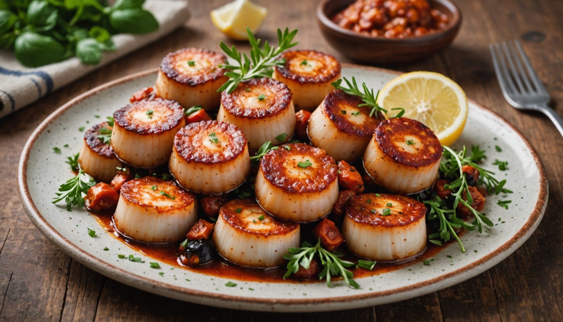 savourez l'alliance parfaite de la mer et de l'espagne avec nos pétoncles délicats enrobés de chorizo épicé, une explosion de saveurs italiennes authentiques.