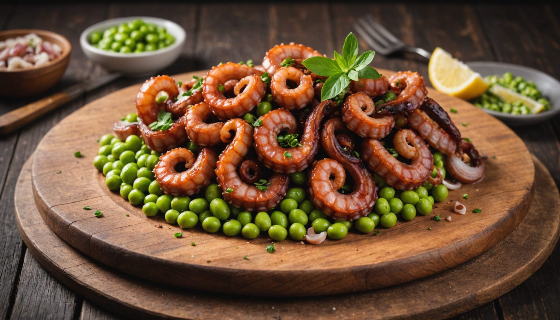 savourez un plat d'exception avec notre poulpe tendre accompagné de fèves fraîches, une harmonie parfaite de saveurs marines et de fraîcheur printanière.