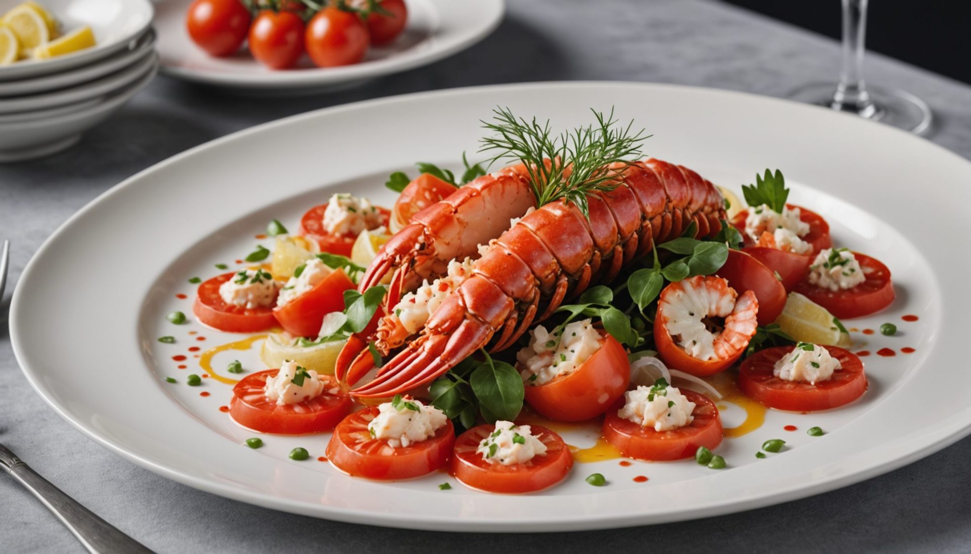 découvrez notre recette fraîche et raffinée de carpaccio de tomates au homard, sublimée par une touche florale de fenouil, alliant saveurs marines et délicates nuances estivales.