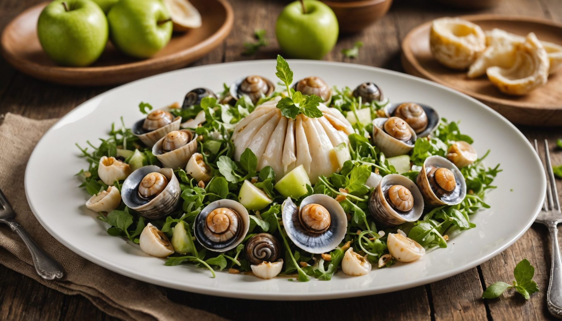 savourez une délicieuse salade de bulots onctueuse à la crème, relevée par le croquant des pommes fraîches pour un mariage parfait de saveurs marines et fruitées.
