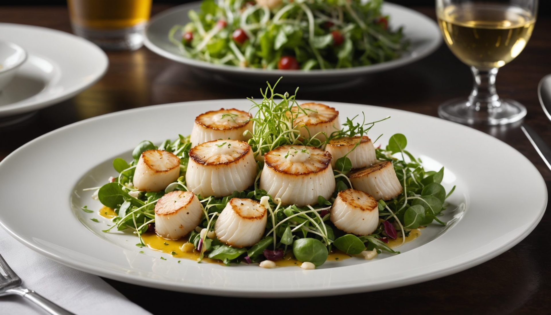 découvrez notre salade raffinée de coquilles saint-jacques délicatement parfumée à la truffe, un délice marin qui éveillera vos papilles avec élégance.