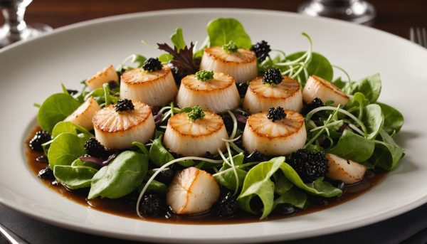 savourez notre salade raffinée de coquilles saint-jacques sublimée par le parfum délicat de la truffe, un délice marin élégant et gourmand.