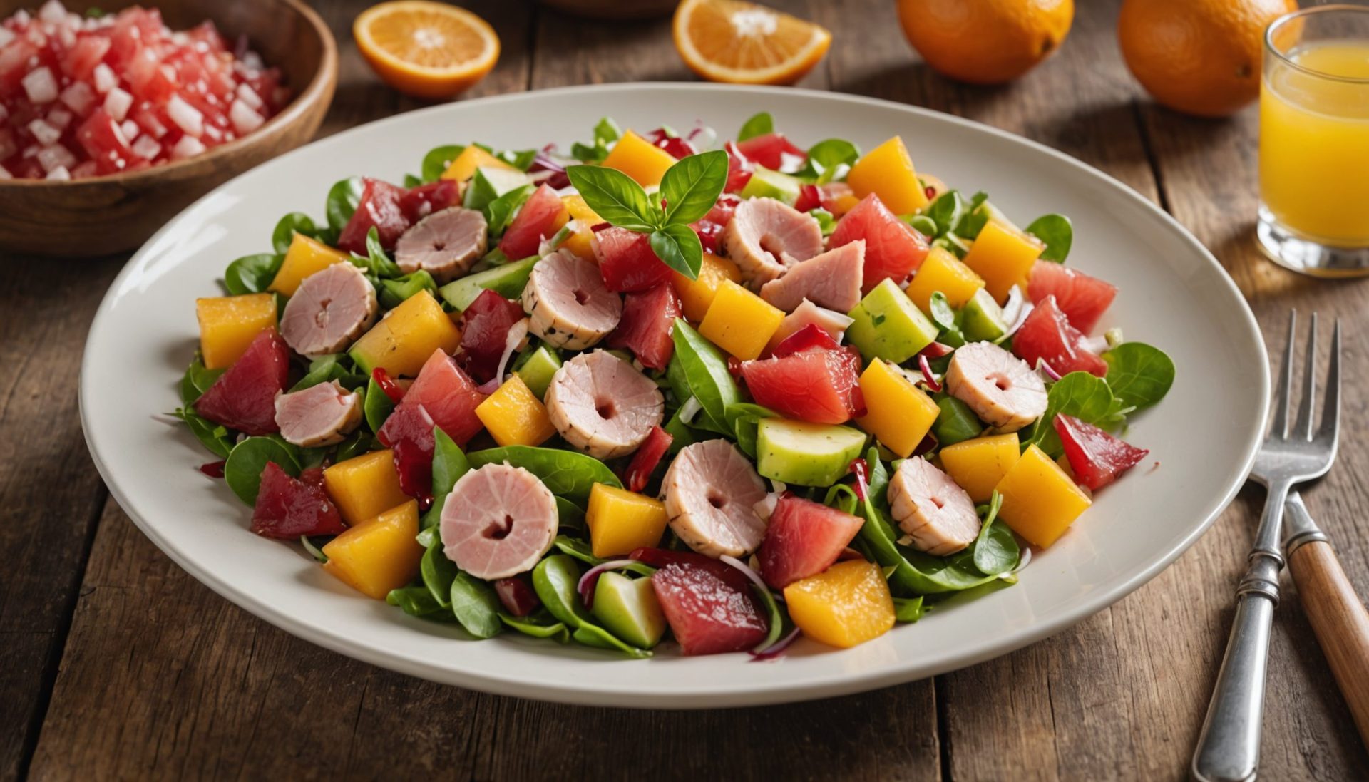 découvrez notre salade fraîche et savoureuse alliant mangue verte croquante, thon fumé délicat et éclats d'orange sanguine vitaminés pour un délice marin inédit.