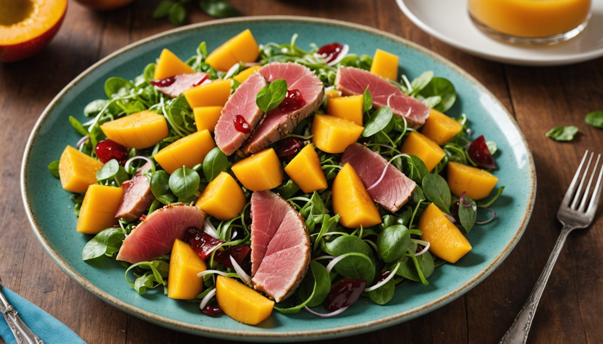 découvrez notre salade fraîche et exotique alliant mangue verte croquante, thon fumé savoureux et éclats d'orange sanguine pour une explosion de saveurs marines et fruitées.