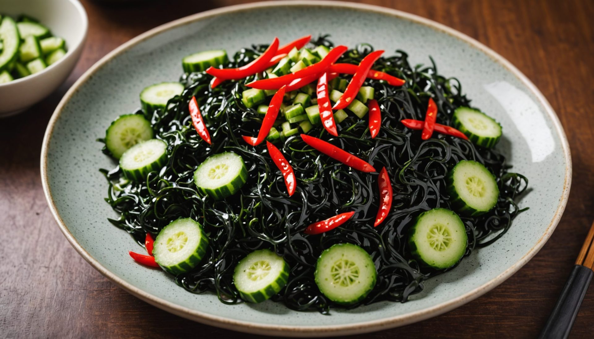 découvrez notre délice marin : salade fraîche de wakame, concombre croquant et une touche de piment pour une explosion de saveurs estivales.