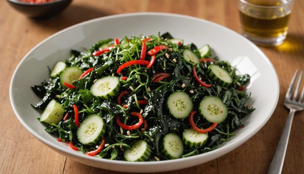 découvrez notre délice marin : une salade fraîche et croquante alliant wakame, concombre et une touche de piment pour réveiller vos papilles.