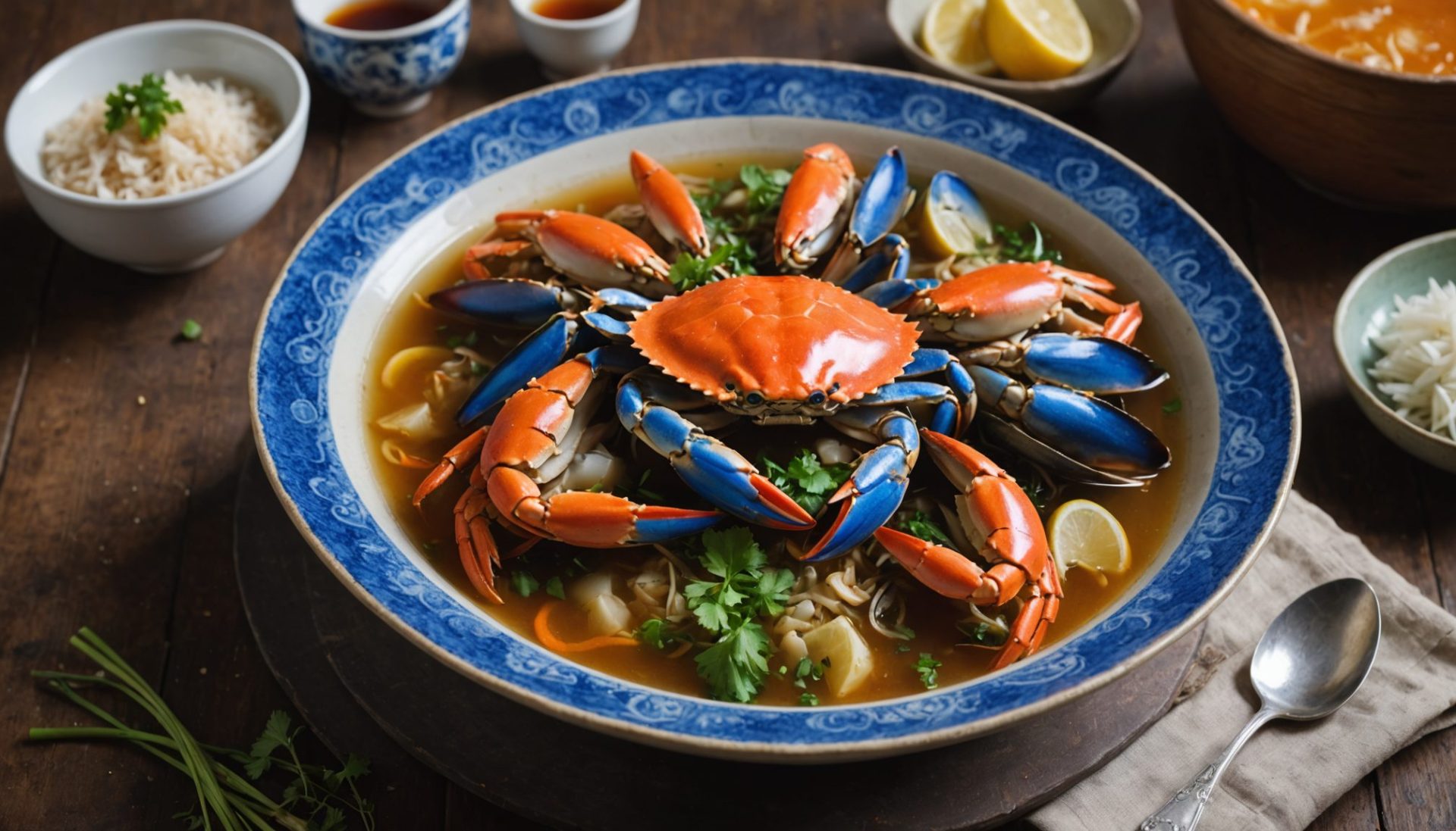 savourez un délice maritime avec notre bouillon d’étrilles parfumé, servi avec des nouilles de riz délicates pour un repas raffiné et gourmand.