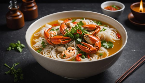 savourez un délice maritime avec notre bouillon d’étrilles riche en saveurs, accompagné de nouilles de riz délicatement préparées pour une expérience culinaire raffinée et authentique.