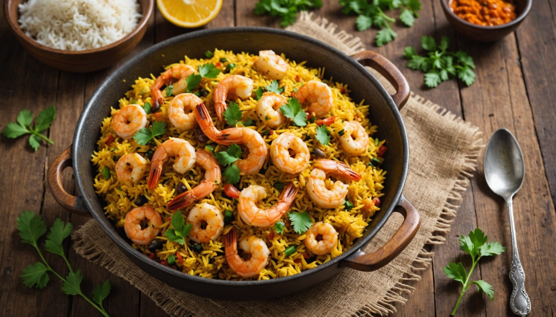 découvrez le délices marins, un biryani exotique aux crevettes savoureuses et noix de coco parfumée, pour un voyage culinaire inoubliable.