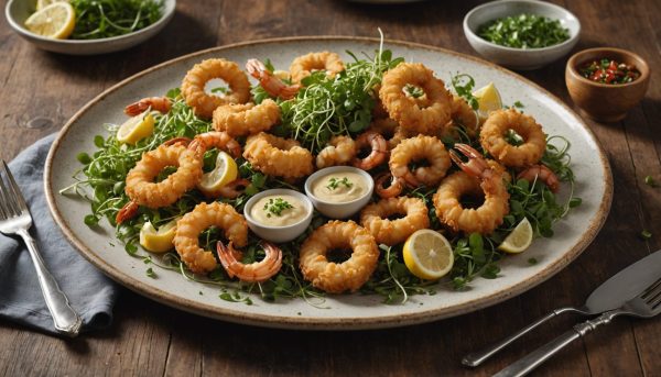 découvrez nos délices de friture sacrée accompagnés d'une mayo infernale, une explosion de saveurs marines revisitées pour un plaisir gustatif unique.