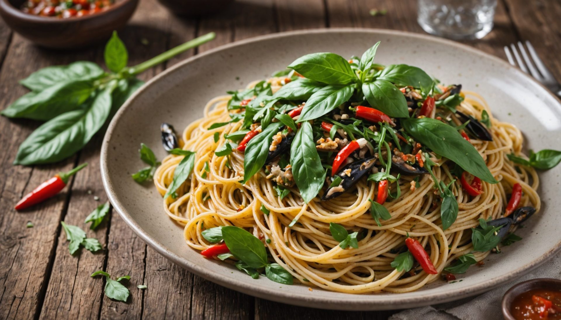 découvrez une recette savoureuse de spaghetti aux saveurs marines, alliant ail des ours, anchois et piment pour un plat relevé et gourmand.