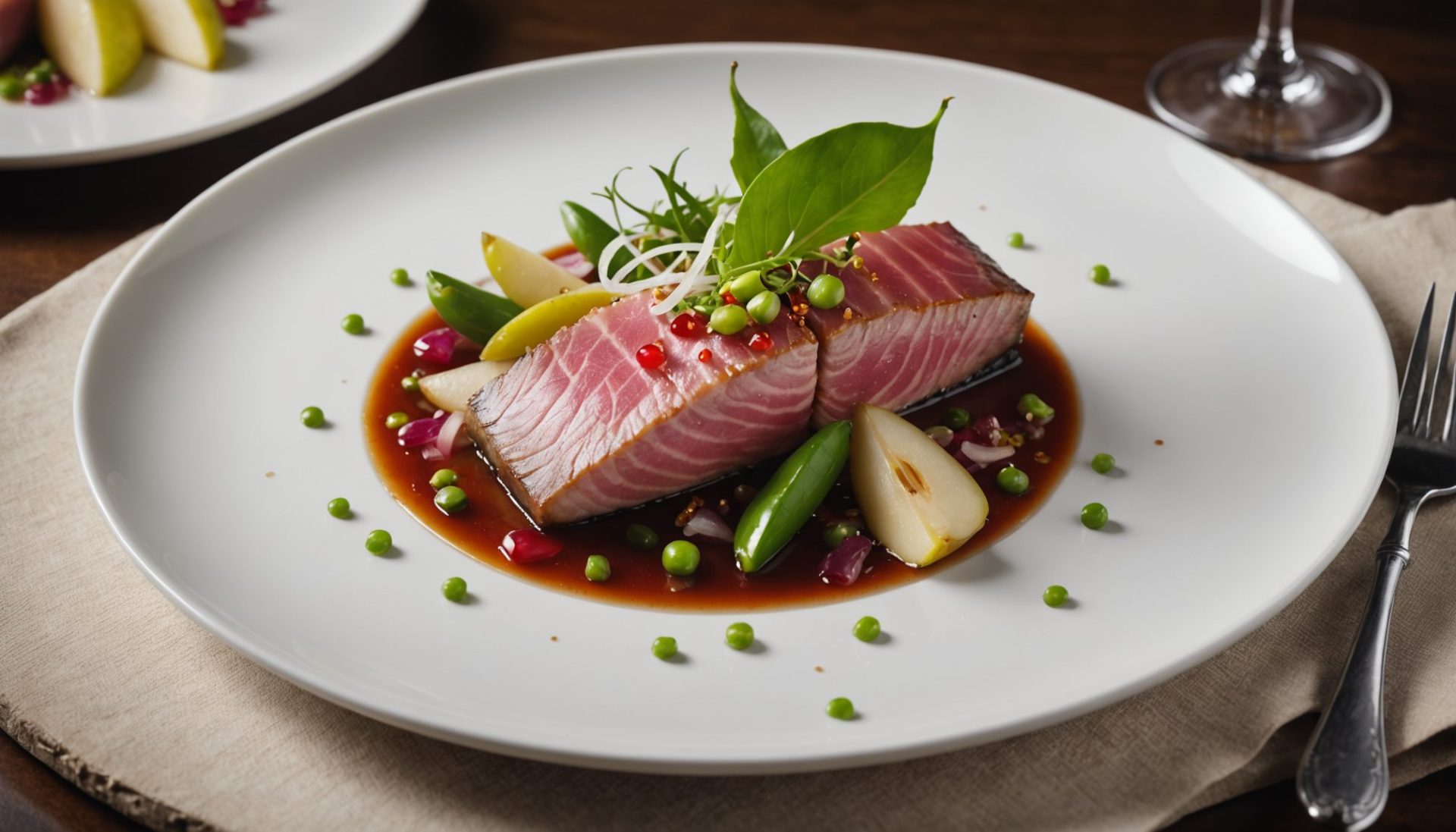 découvrez notre tataki de ventrèche de thon rouge méditerranéen, sublimé par la douceur de la poire, le piquant des piments verts et la délicatesse de la fleur de sel infusée à la lie de vin, pour des saveurs marines raffinées et innovantes.