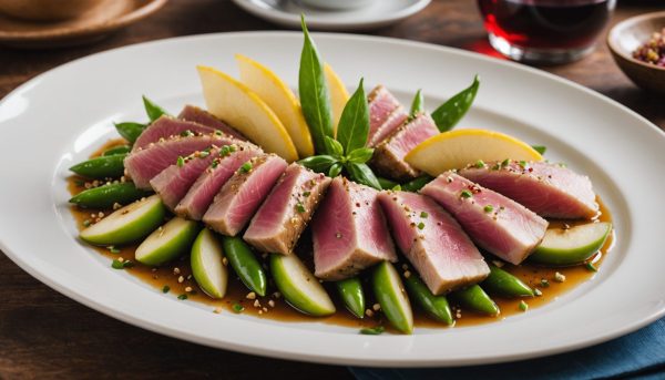 découvrez un tataki de ventrèche de thon rouge méditerranéen, sublimé par la douceur de la poire, le piquant des piments verts et la délicatesse de la fleur de sel infusée à la lie de vin, pour une expérience gustative marine et raffinée.