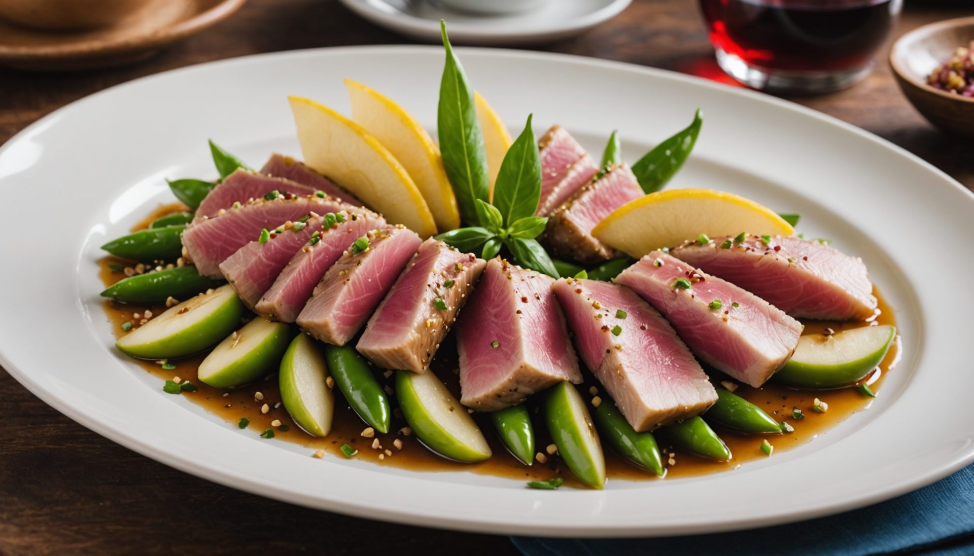 découvrez un tataki de ventrèche de thon rouge méditerranéen, sublimé par la douceur de la poire, le piquant des piments verts et la délicatesse de la fleur de sel infusée à la lie de vin, pour une expérience gustative marine et raffinée.