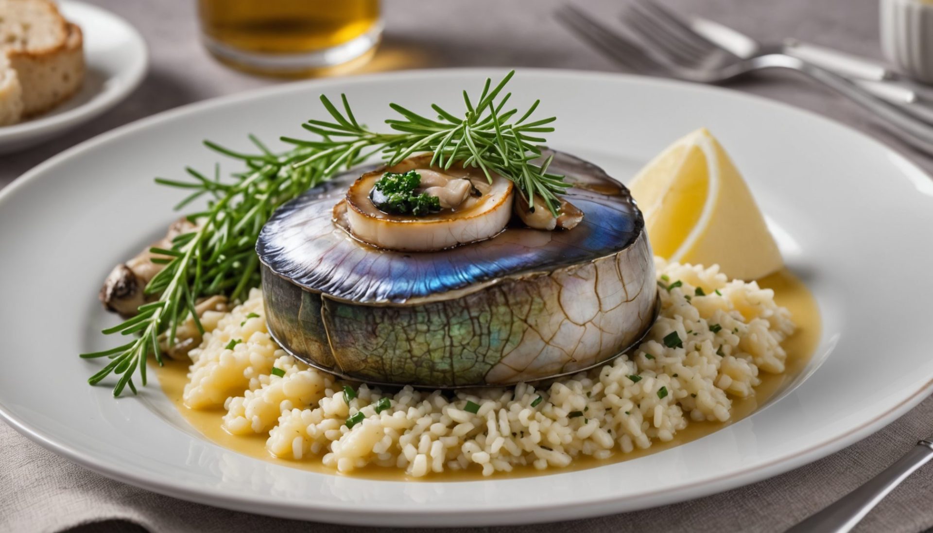 savourez un délicieux plat de délice marin avec des ormeaux poêlés, accompagnés d'un risotto crémeux parfumé à la truffe pour une expérience gourmande et raffinée.