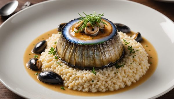 savourez un délice marin avec des ormeaux poêlés délicatement servis sur un risotto crémeux parfumé à la truffe, pour une expérience gourmande raffinée.