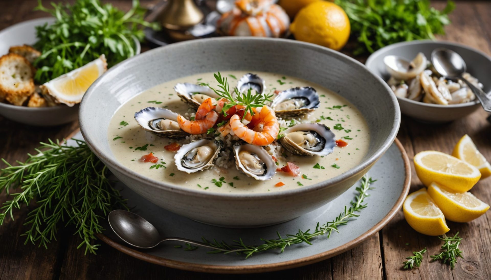 découvrez notre velouté d'huître onctueux, sublimé par une touche de lard fumé râpé pour un délice marin raffiné et chaleureux.