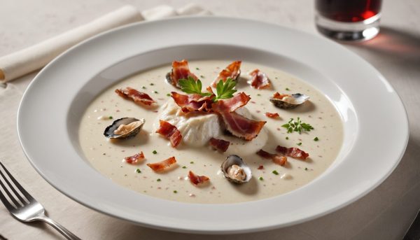 savourez un velouté d'huître onctueux et délicat, rehaussé par la saveur intense de lard fumé râpé pour une expérience maritime gourmande et raffinée.