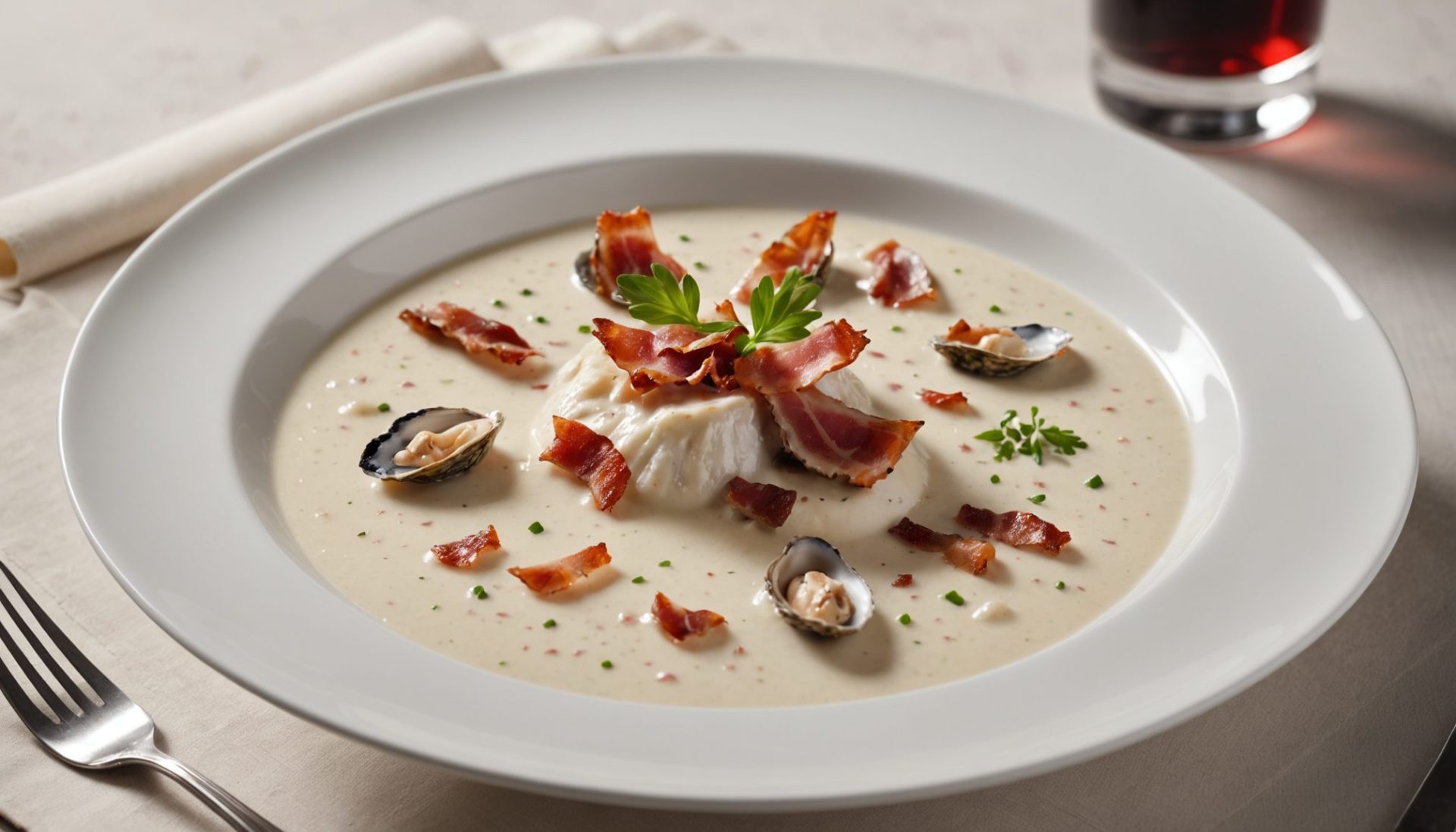 savourez un velouté d'huître onctueux et délicat, rehaussé par la saveur intense de lard fumé râpé pour une expérience maritime gourmande et raffinée.