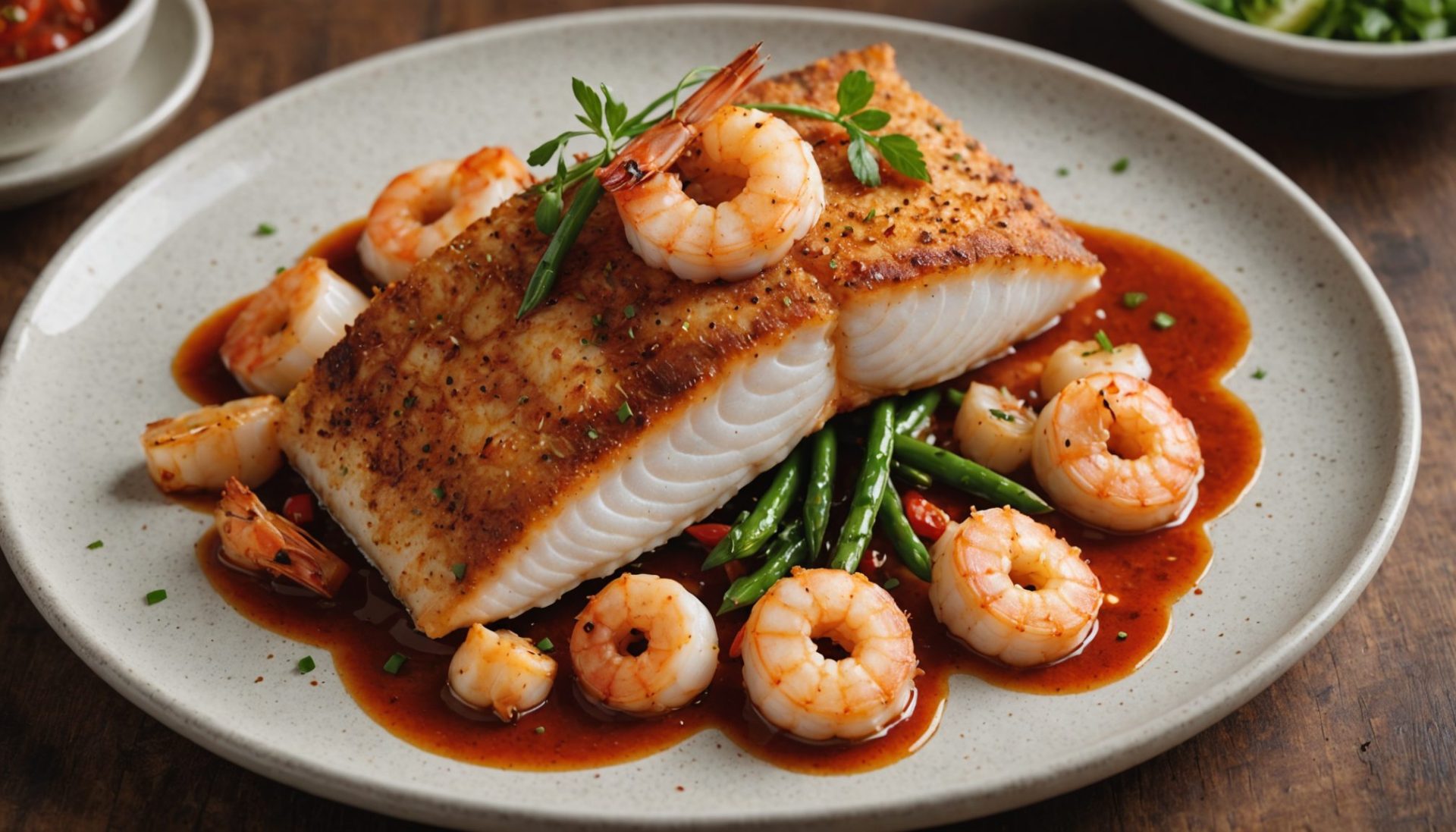 découvrez notre filet de barbue pimenté, servi avec des crevettes croustillantes pour un mariage parfait de saveurs marines exaltées. une expérience gourmande à ne pas manquer !