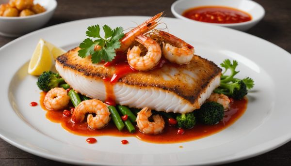 découvrez notre filet de barbue pimenté, sublimé par des crevettes croustillantes, pour une explosion de saveurs marines exaltées en bouche.