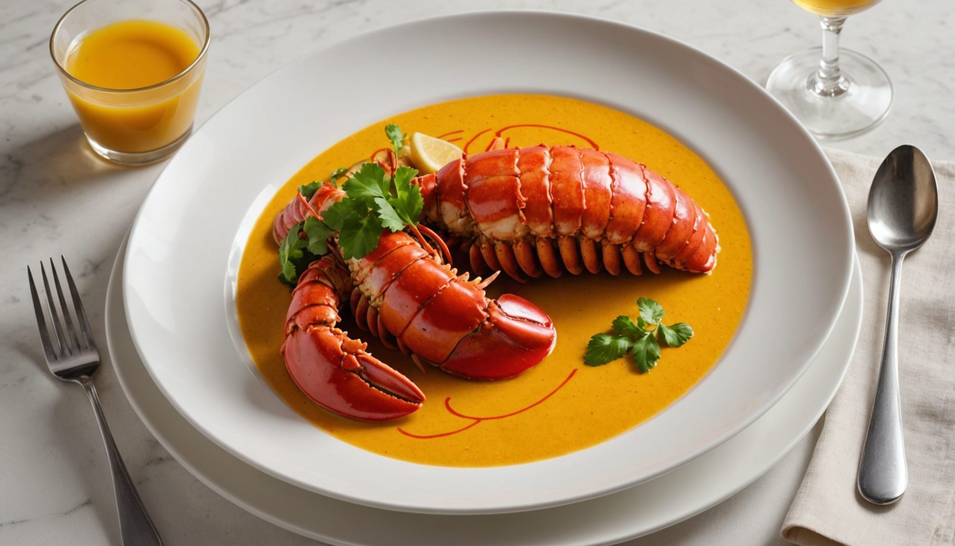 découvrez une recette raffinée alliant la douceur de la queue de homard à la chaleur du bouillon de poule au curry de bombay, pour un voyage gourmand entre terre et mer.