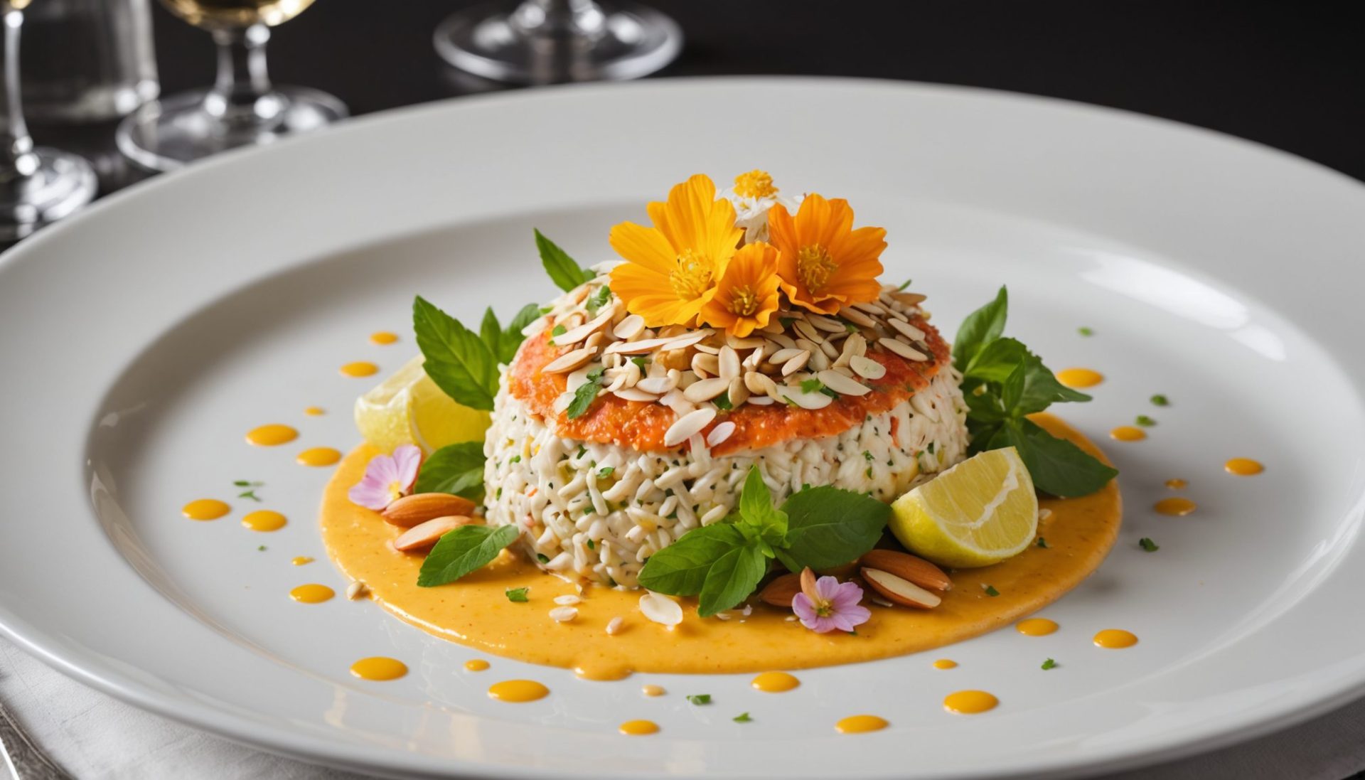 découvrez notre rémoulade de tourteau délicatement sublimée à l'ornithogale, accompagnée d'éclats d’amandes fraîches et d’un jus vibrant de citrange, pour une expérience culinaire marine raffinée et pleine de fraîcheur.