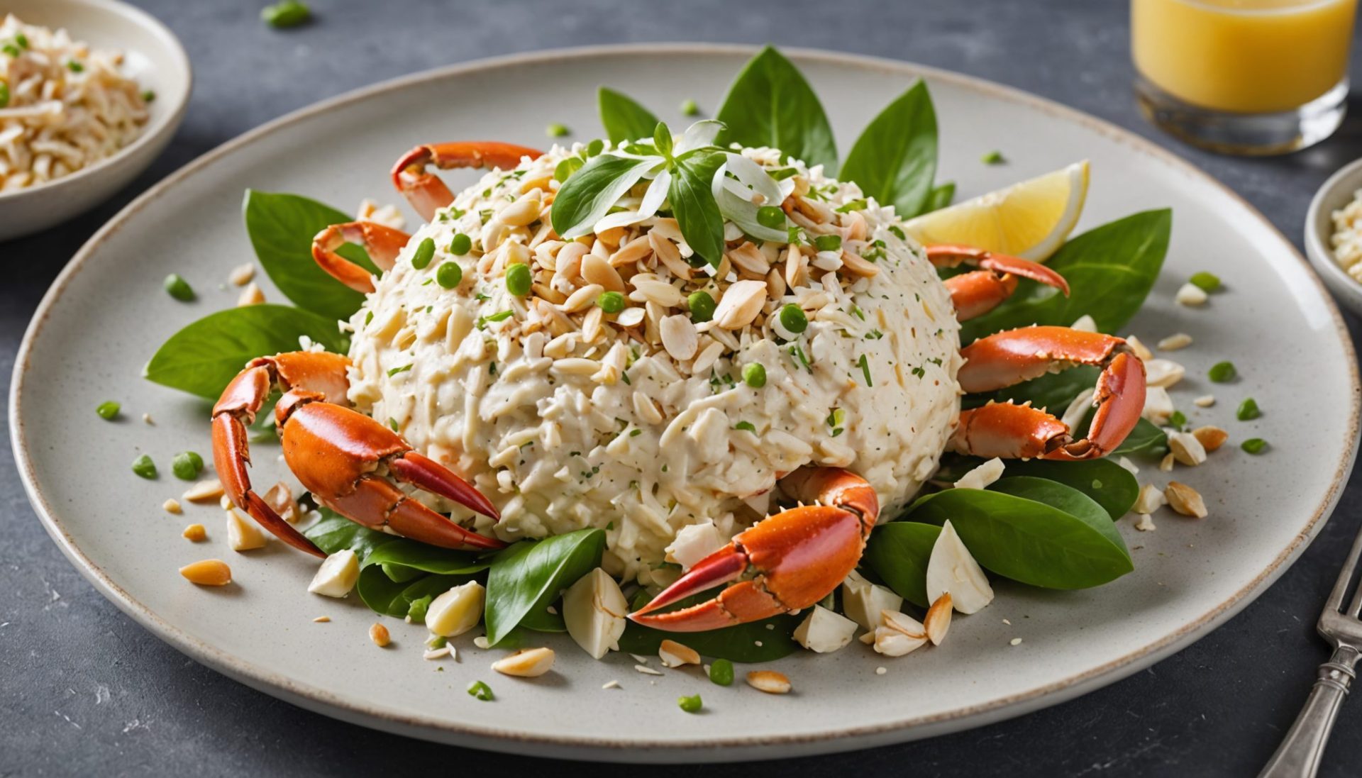 découvrez notre rémoulade de tourteau sublimée à l'ornithogale, agrémentée d'éclats d’amandes fraîches et nappée d’un jus vibrant de citrange, pour une expérience gourmande et raffinée des délices marins.