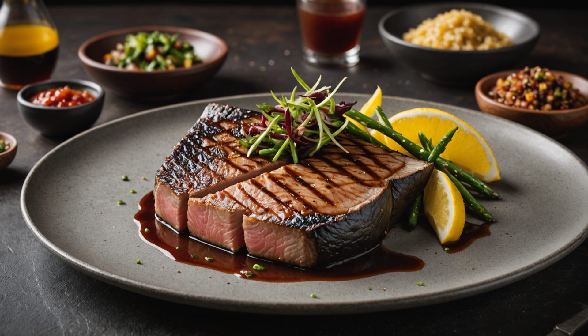 savourez notre thon rouge grillé à la plancha, délicatement rehaussé par un condiment acidulé au tamarin et anchois, une spécialité signée délices marins pour une expérience gourmande unique.