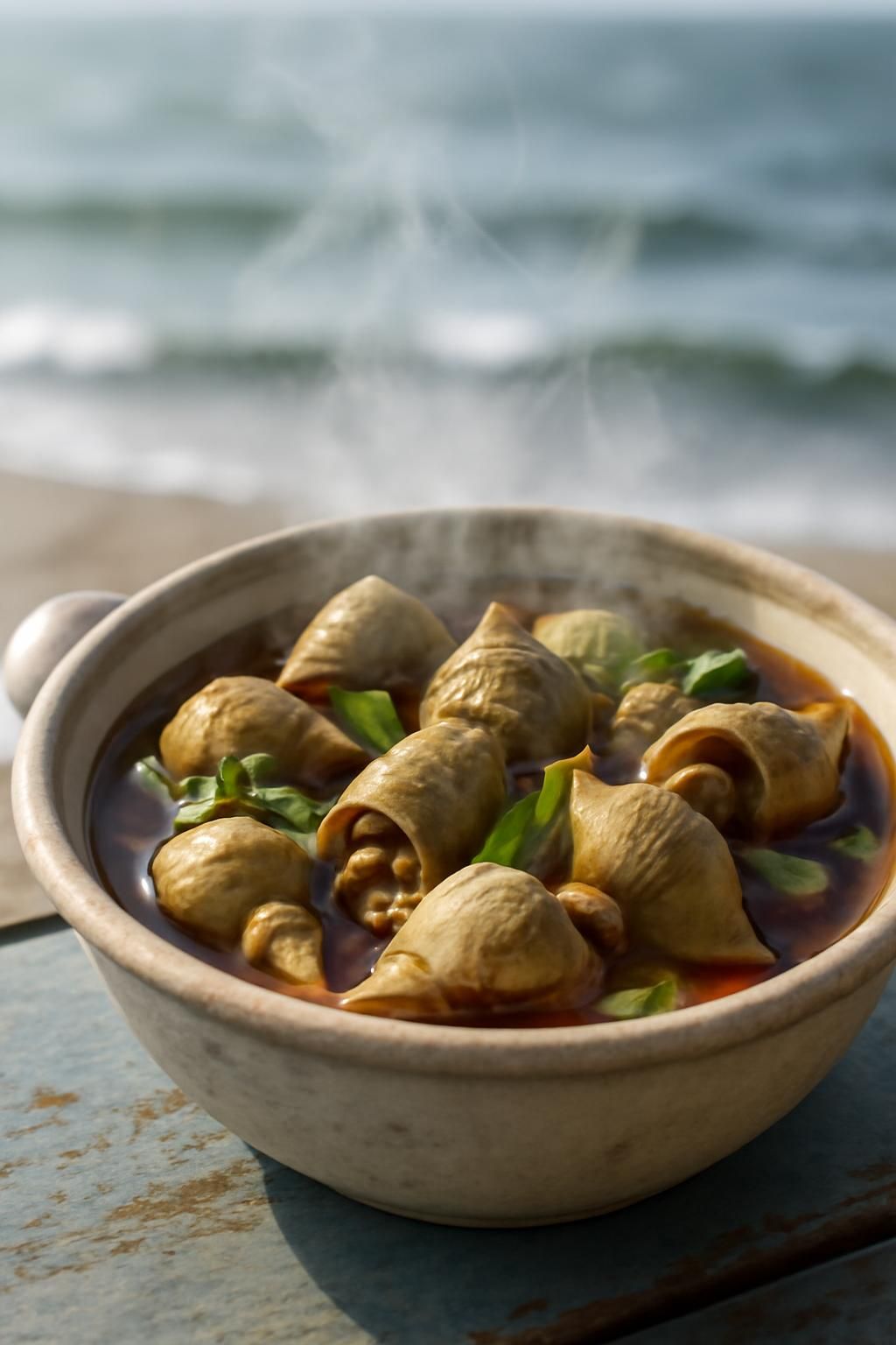 découvrez nos bulots mijotés dans un bouillon parfumé au soja, une explosion de saveurs marines à savourer pour un repas gourmand et authentique.
