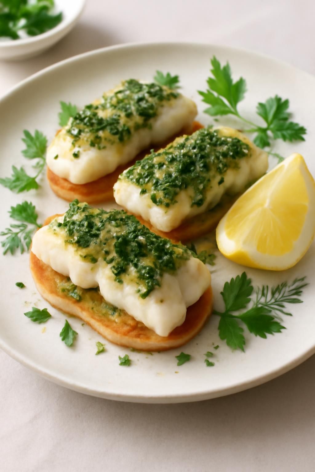 savourez nos délicates languettes de morue à la persillade, servies sur canapé pour une expérience culinaire marine raffinée, parfaite pour vos apéritifs élégants.