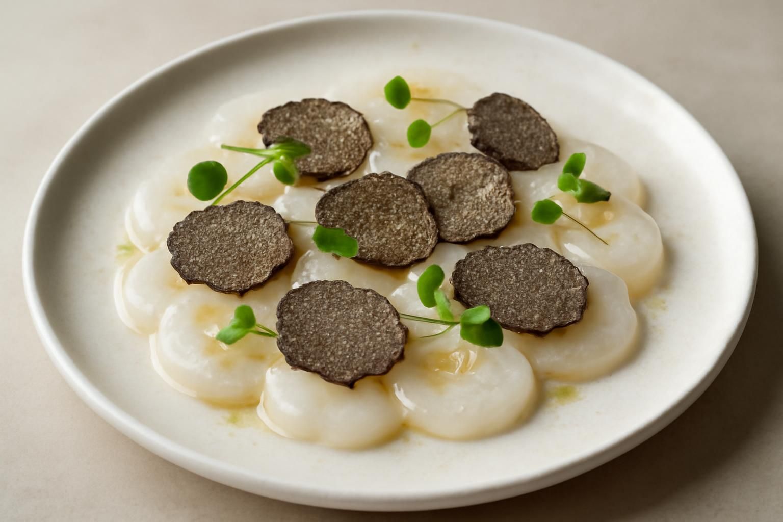 découvrez notre carpaccio de noix de saint-jacques délicatement sublimé par la truffe brumale, une alliance raffinée de saveurs marines et gourmandes pour un délice unique.