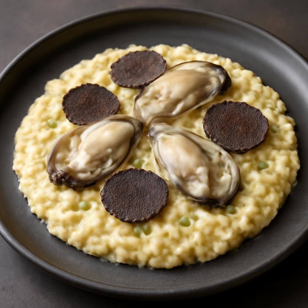 savourez un risotto crémeux aux huîtres fraîches rehaussé d'éclats de truffe, pour une expérience culinaire marine et élégante.