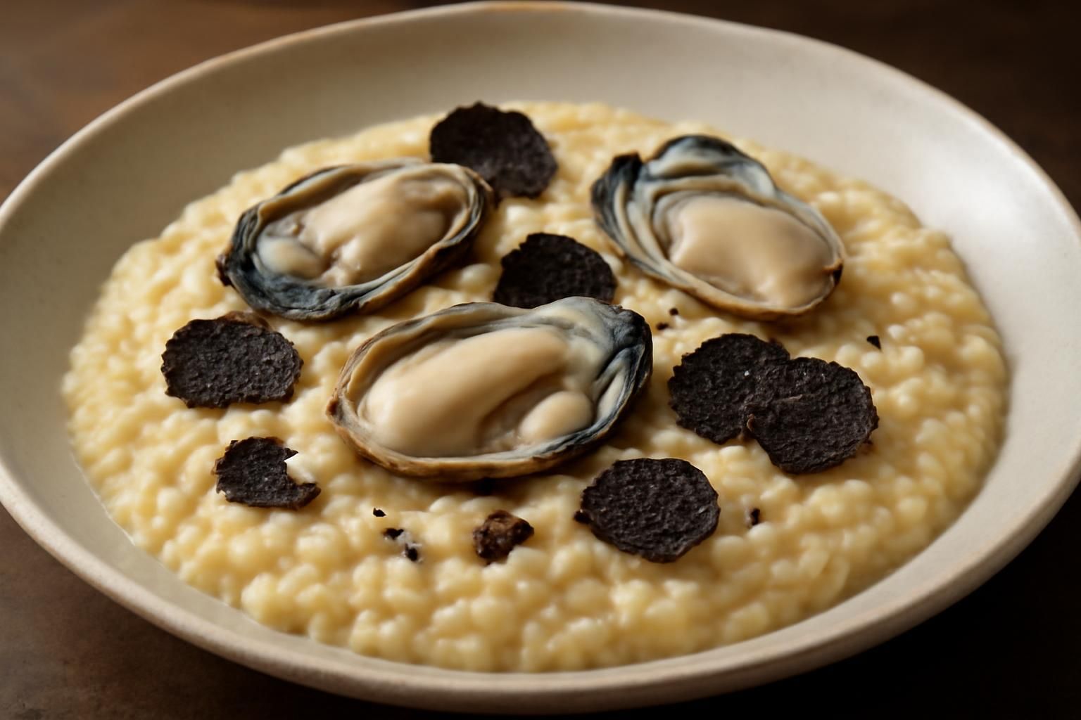 découvrez notre risotto crémeux aux huîtres et éclats de truffe, une recette gourmande et raffinée qui éveillera vos papilles avec des saveurs marines délicates et un parfum luxueux.