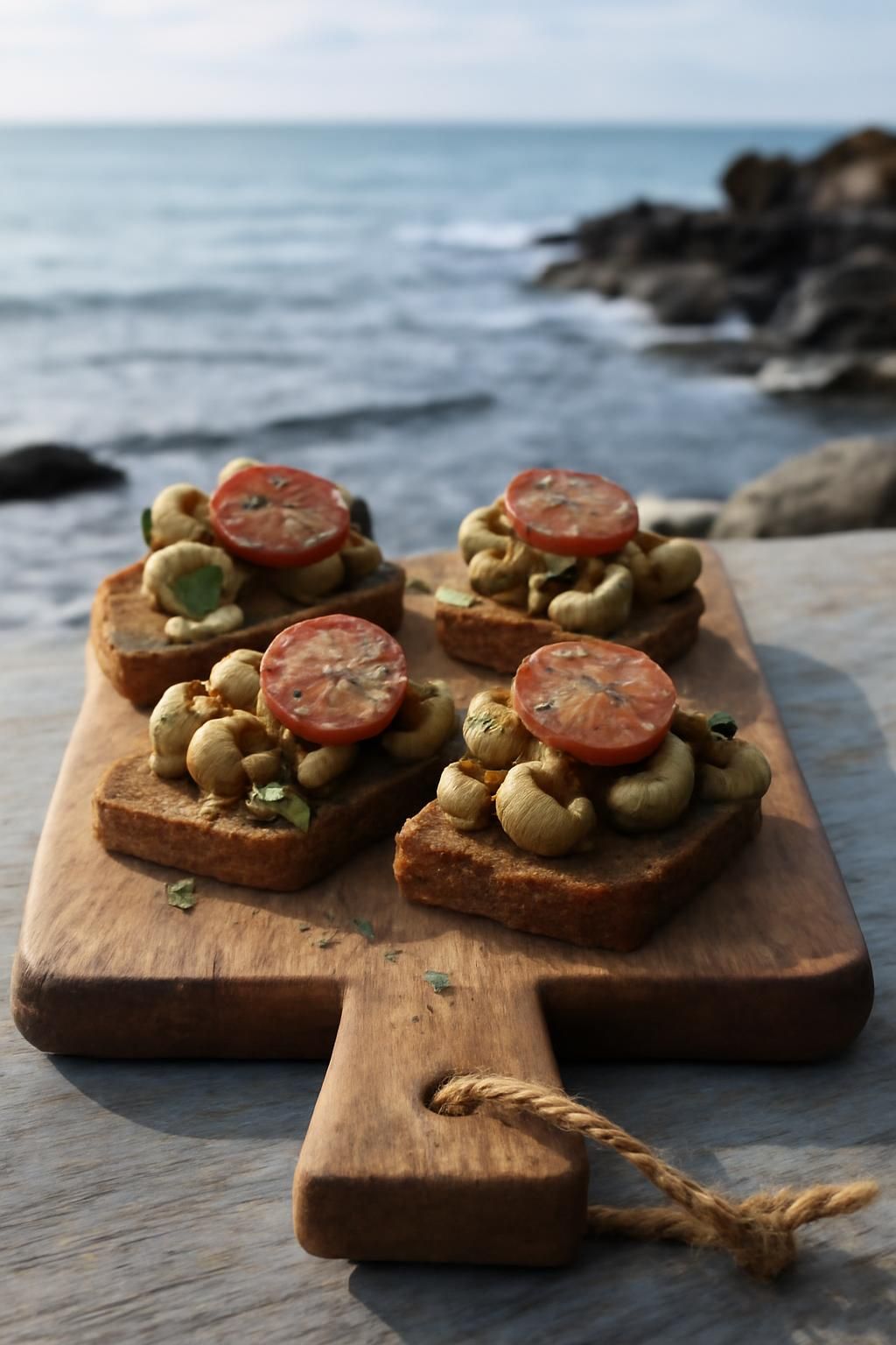découvrez nos délices marins avec des tapas de seigle garnies de bigorneaux frais et d'andouille savoureuse, une explosion de saveurs gourmandes pour vos papilles.