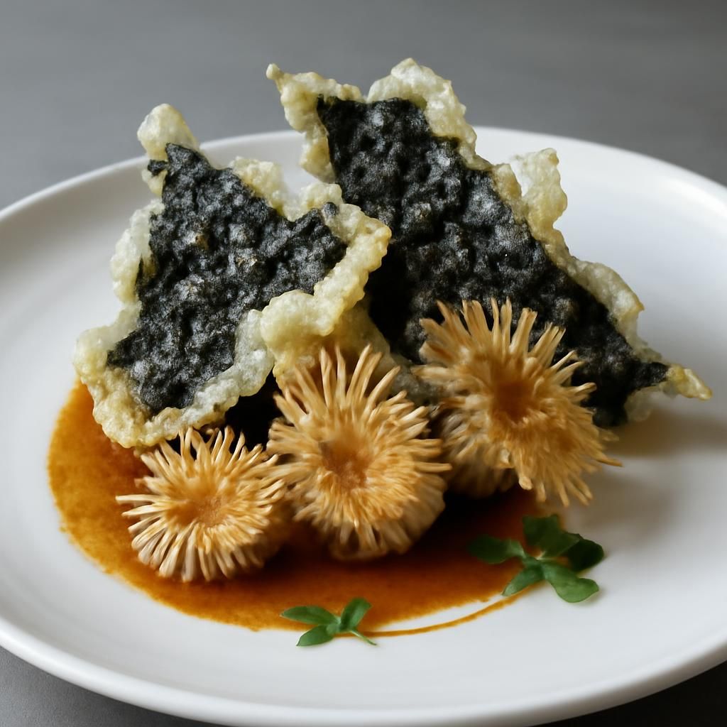 découvrez notre tempura croustillante d'algues et d'anémones, une explosion de saveurs marines qui ravira vos papilles avec une texture légère et un goût unique.