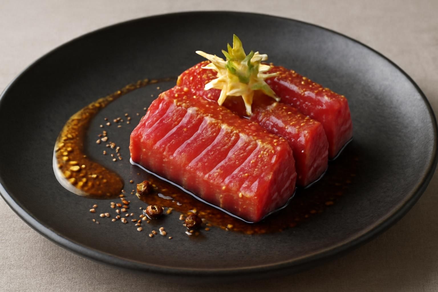 savourez la ventrèche de thon rouge grillée, délicatement relevée au gingembre et parfumée au sansho, pour une expérience culinaire marine unique et raffinée.