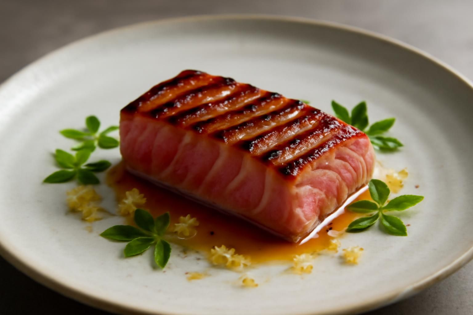 savourez la ventrèche de thon rouge grillée, délicatement marinée au gingembre et relevée par le parfum unique du sansho pour une expérience gustative marine et raffinée.