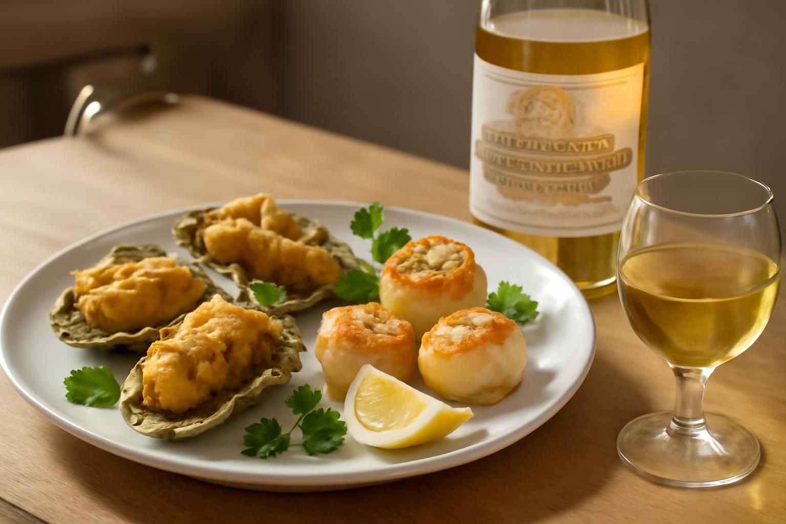 découvrez l'alliance raffinée des délices marins frits, huîtres et coquilles saint-jacques, sublimés par le mariage parfait avec le barsac-sauternes château coutet 2005, pour une expérience gustative inoubliable.