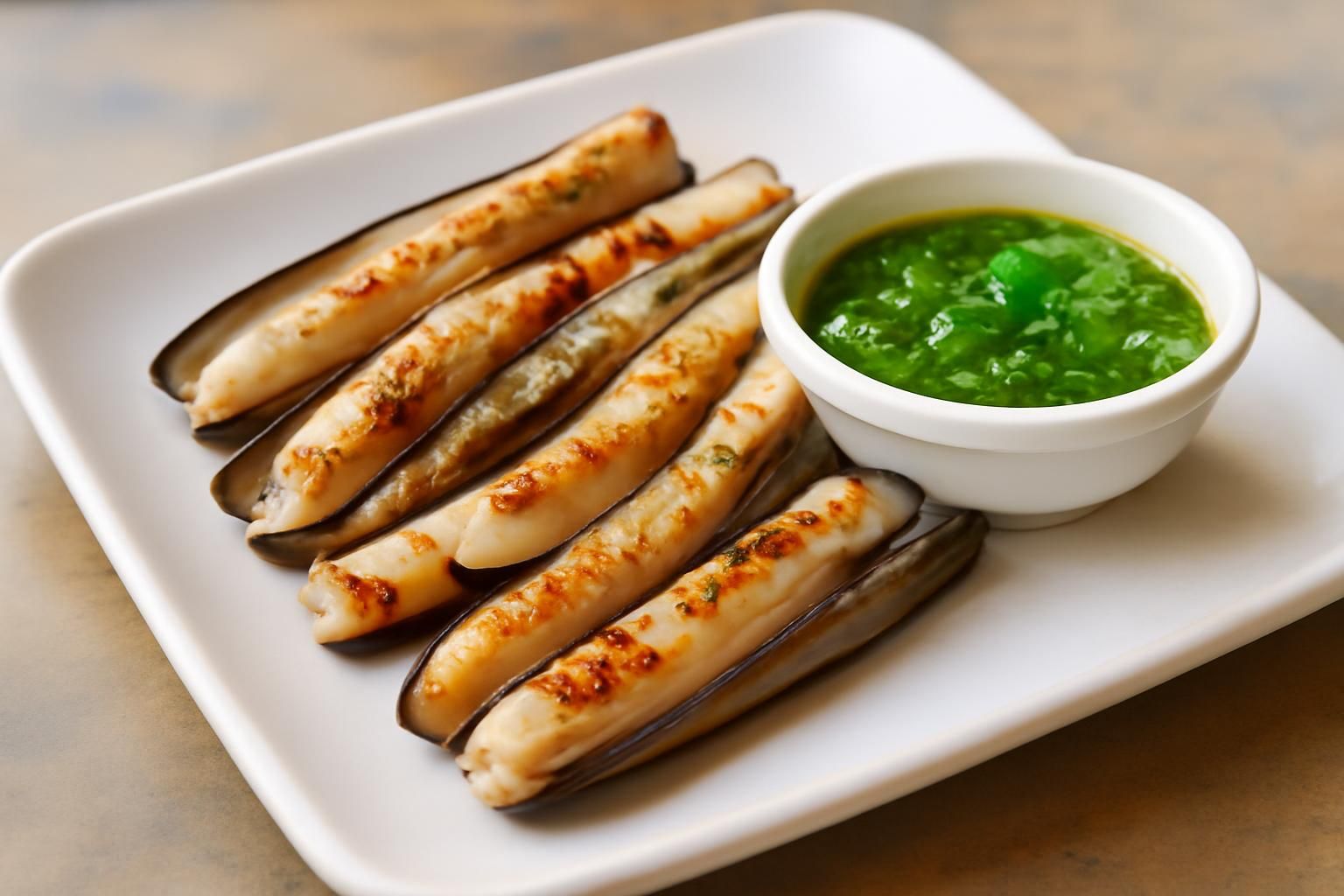 savourez des pieds de couteau à la plancha, délicatement grillés et servis avec une sauce vierge fraîche à l'ail et à la menthe, pour une expérience marine raffinée et pleine de saveurs.