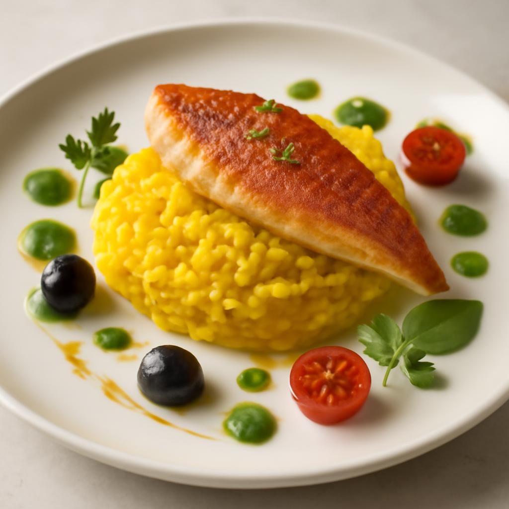 découvrez le rouget barbet délicatement accompagné d’un risotto à la milanaise, une fusion parfaite entre les saveurs authentiques de la mer et de l’italie.