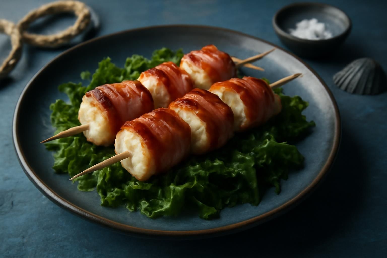 découvrez des brochettes de lotte délicatement enrobées de lard fumé, servies sur un lit de laitue de mer pour une explosion de saveurs marines sublimées.